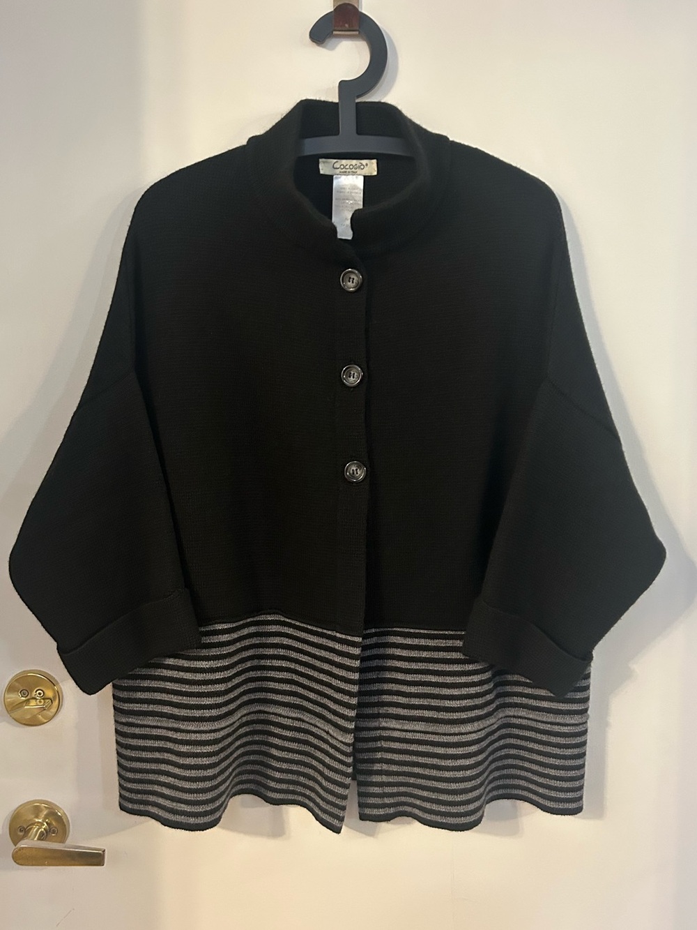 Cocogio Made in Italy Wool Blend Black Striped Hem Button-Front Cardigan Size XL